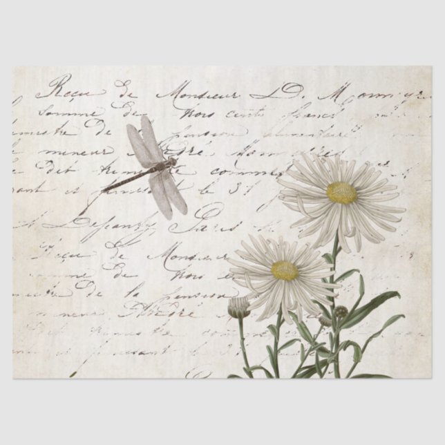 French Script Wildflower Dragonfly Daisy Decoupage Tissue Paper (Front)