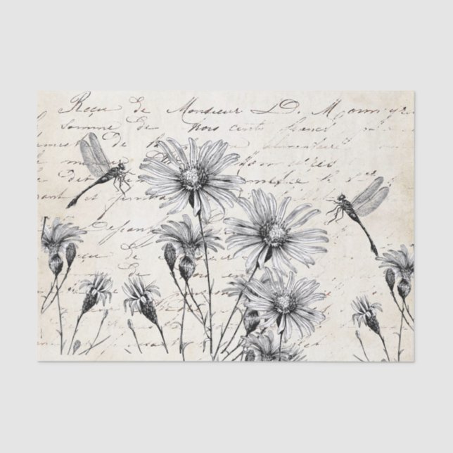 French Script Wildflower Dragonfly Decoupage Craft Tissue Paper (Front)