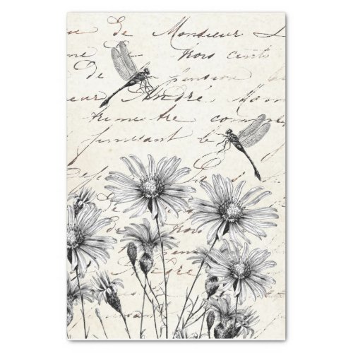 French Script Wildflower Dragonfly Decoupage Craft Tissue Paper