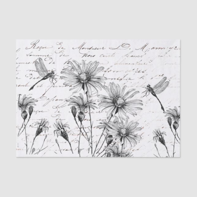 French Script Wildflower Dragonfly Decoupage Craft Tissue Paper (Front)