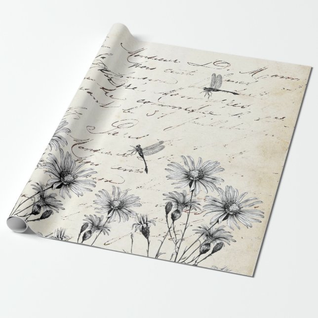 French Script Wildflower Dragonfly Decoupage Craft Wrapping Paper (Unrolled)