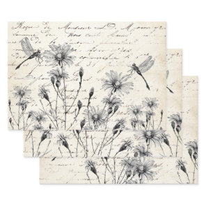 French Script Wildflower Dragonfly Decoupage Craft Wrapping Paper Sheets