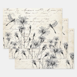 French Script Wildflower Dragonfly Decoupage Craft Wrapping Paper Sheets