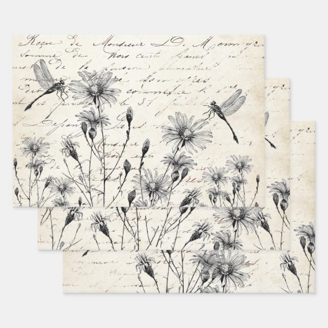 French Script Wildflower Dragonfly Decoupage Craft Wrapping Paper Sheets (Set)