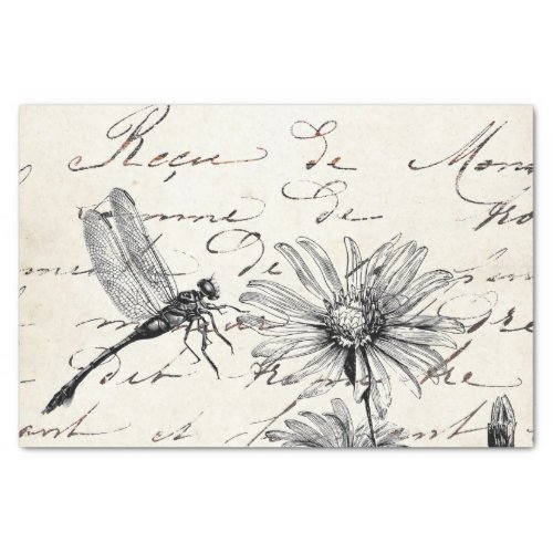 French Script Wildflower Dragonfly Decoupage Set 1 Tissue Paper