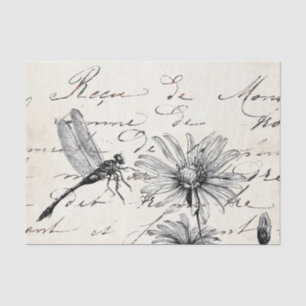 French Script Wildflower Dragonfly Decoupage Set 1 Tissue Paper