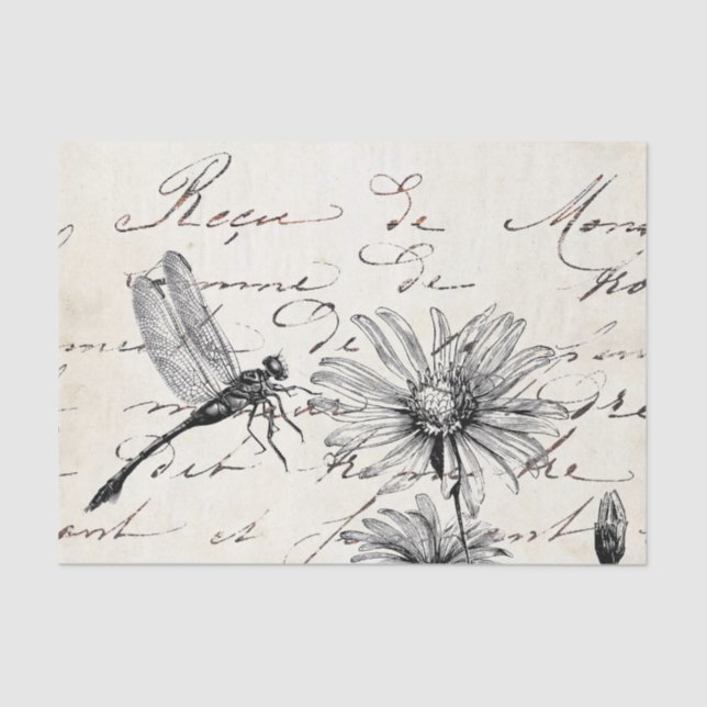French Script Wildflower Dragonfly Decoupage Set 1 Tissue Paper (Front)