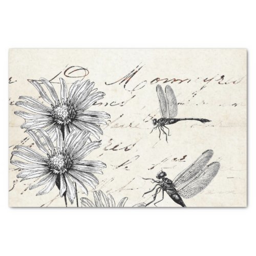 French Script Wildflower Dragonfly Decoupage Set 2 Tissue Paper
