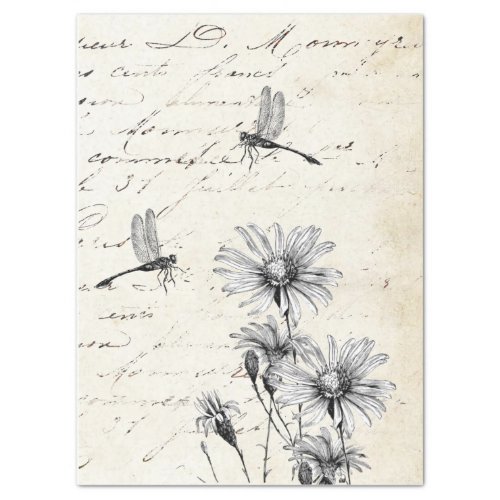 French Script Wildflower Dragonfly Decoupage Tall Tissue Paper