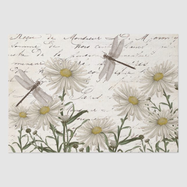 French Script Wildflower Dragonfly Decoupage  Tissue Paper (Front)