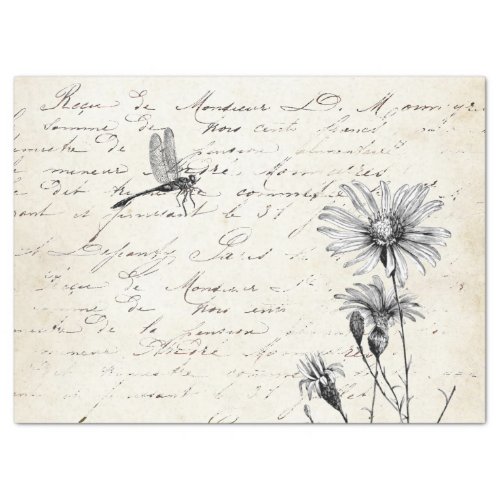 French Script Wildflower Dragonfly Decoupage Tissue Paper