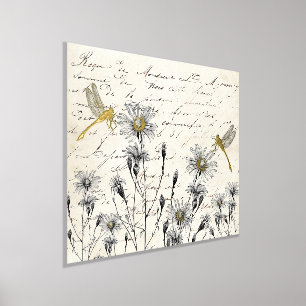 French Script Wildflower Dragonfly Meadow Vintage Foil Prints