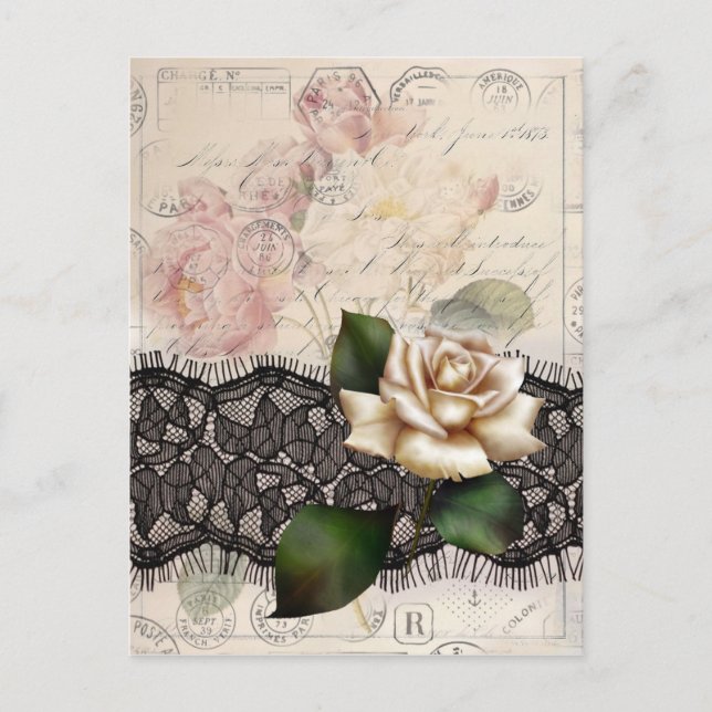 french scripts black lace victorian white rose postcard (Front)