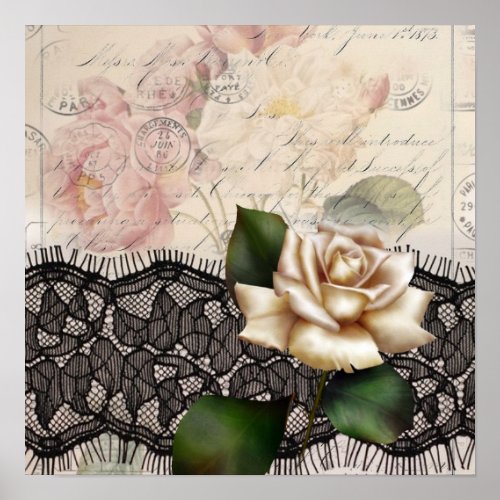 french scripts vintage lace victorian white rose poster