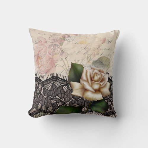 french scripts vintage lace victorian white rose throw pillow