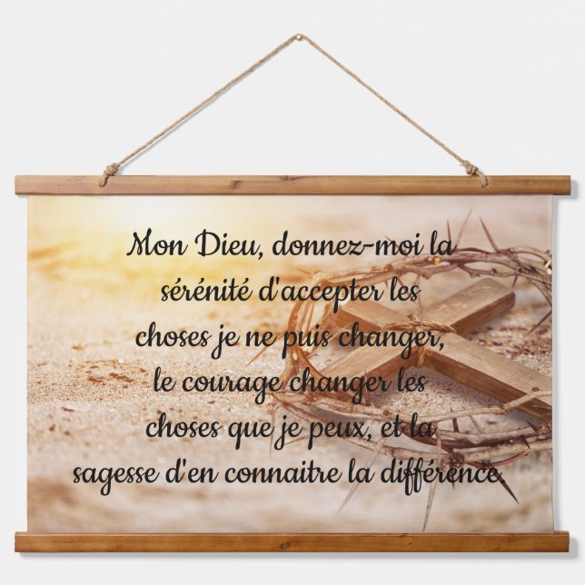 French Serenity Prayer with Cross and Crown  Hanging Tapestry (Front)
