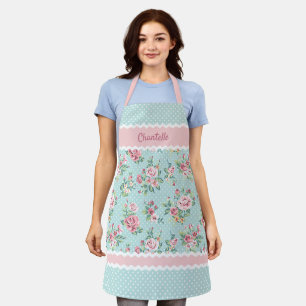 French Shabby Chic Pastel Teal Blue Pink Roses Apron