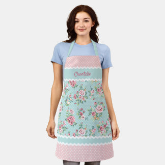 French Shabby Chic Pastel Teal Blue Pink Roses Apron
