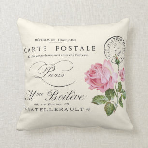French, shabby chic vintage postcard throw pillow