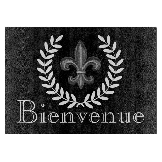 French Silver Fleur de Lis & Laurels Family Name Cutting Board (Front)