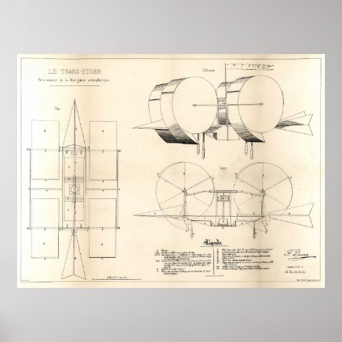 French Steam Powered Dirigible Plan c 1859 Poster