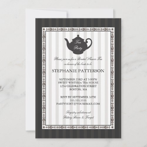French Stripe Chic Bridal Shower Tea Party Custom Invites
