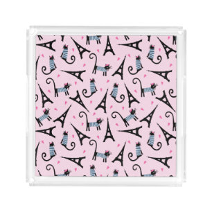 French Style Dressed Cat With Eiffel Tower Pattern Acrylic Tray