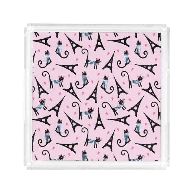 French Style Dressed Cat With Eiffel Tower Pattern Acrylic Tray (Front)