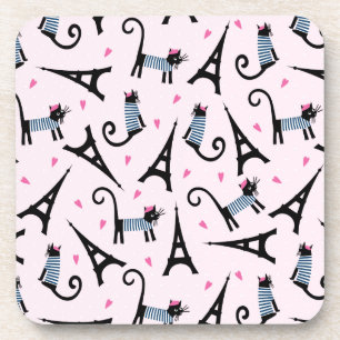 French Style Dressed Cat With Eiffel Tower Pattern Beverage Coaster