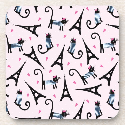 French Style Dressed Cat With Eiffel Tower Pattern Beverage Coaster