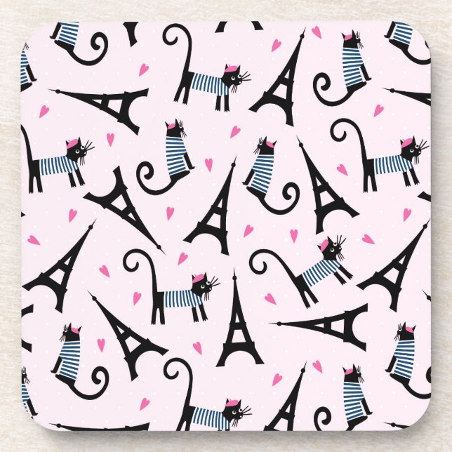 French Style Dressed Cat With Eiffel Tower Pattern Beverage Coaster (Front)