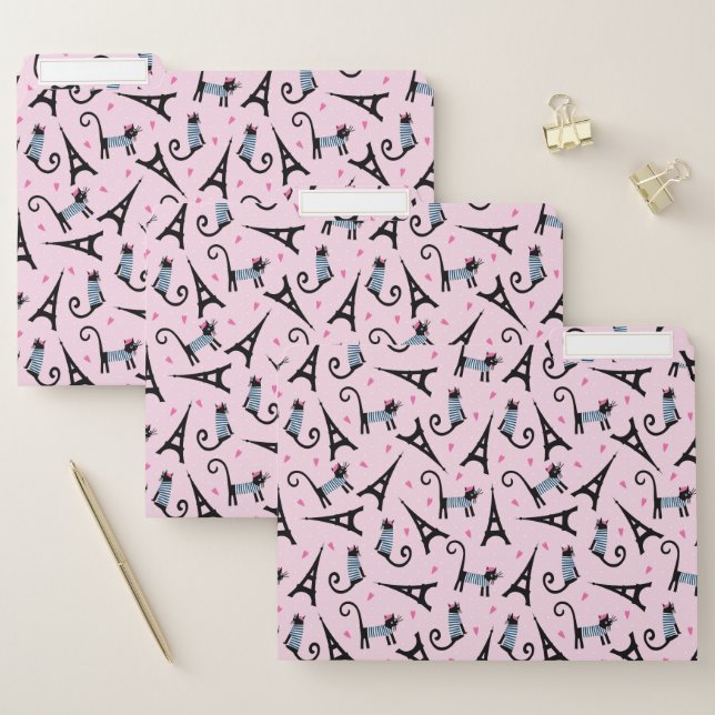 French Style Dressed Cat With Eiffel Tower Pattern File Folder (Set)