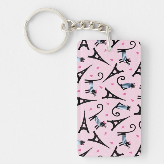 French Style Dressed Cat With Eiffel Tower Pattern Keychain (Front)