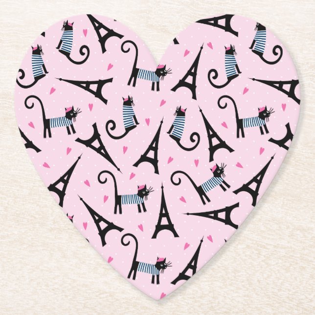 French Style Dressed Cat With Eiffel Tower Pattern Paper Coaster (Front)