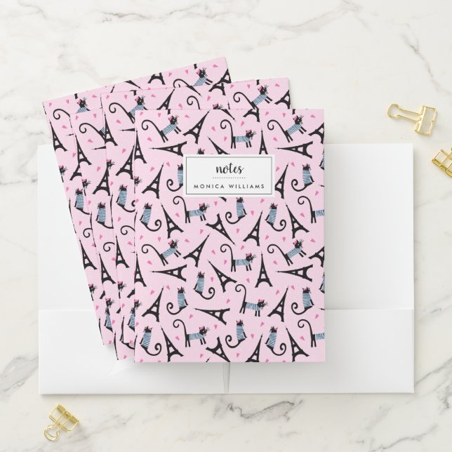 French Style Dressed Cat With Eiffel Tower Pattern Pocket Folder (In Situ)
