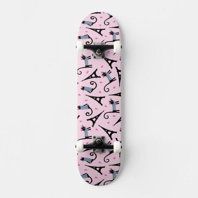 French Style Dressed Cat With Eiffel Tower Pattern Skateboard Deck (Front)