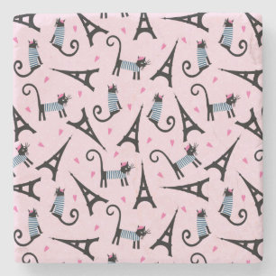 French Style Dressed Cat With Eiffel Tower Pattern Stone Coaster