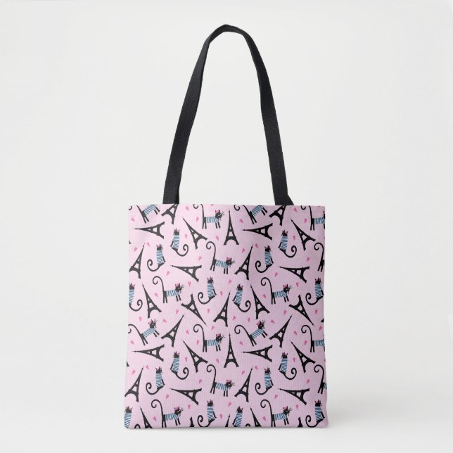 French Style Dressed Cat With Eiffel Tower Pattern Tote Bag (Front)