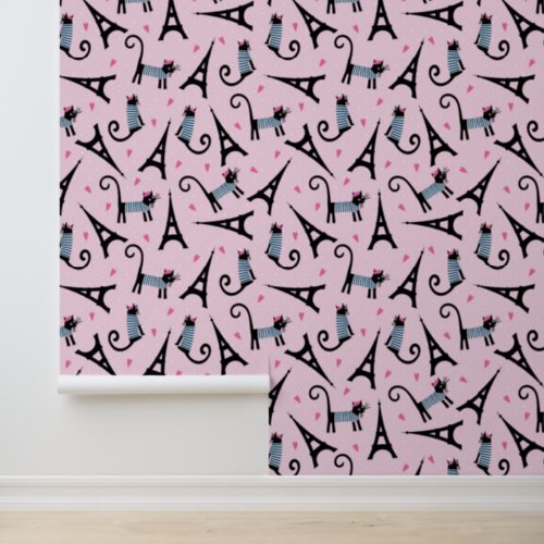 French Style Dressed Cat With Eiffel Tower Pattern Wallpaper