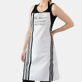 French Style Stripe - Black | White Monogram Apron by TrendyKitchens at Zazzle