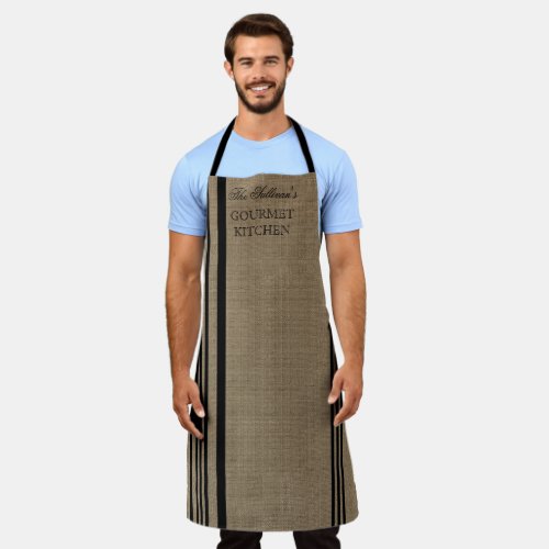 French Style Stripe Burlap Look  Black Name Apron