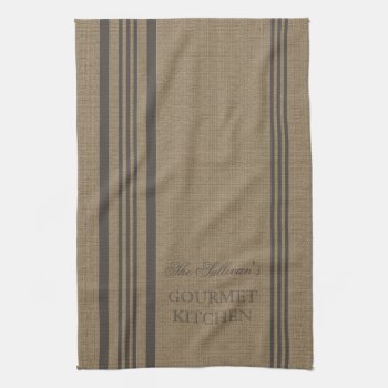 French Style Stripe Burlap Personalized Kitchen Towel by TrendyKitchens at Zazzle