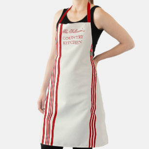 French Style Stripe - Red Off White Name Apron