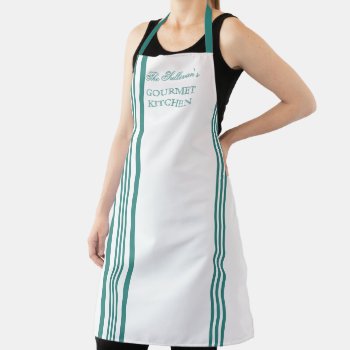 French Style Stripe - Teal | White Name Apron by TrendyKitchens at Zazzle