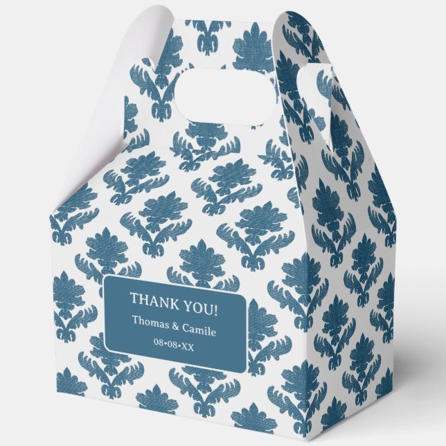 French Tapestry Blue and White THANK YOU Favor Boxes (Front)