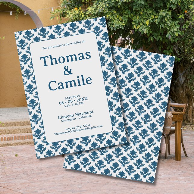 French Tapestry Blue and White Wedding Invitation (Creator Uploaded)
