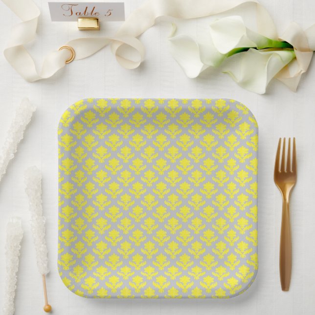 French Tapestry Bright Yellow Light Gray Wedding Paper Plates (Wedding)