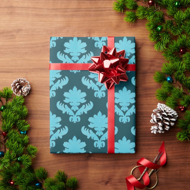 French Tapestry Turquoise and Dark Teal Wrapping Paper (Holiday Gift)