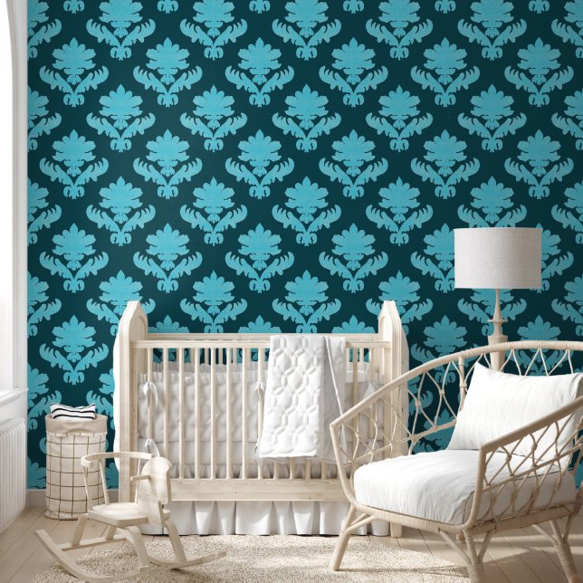 French Tapestry Turquoise Flourishes on Dark Teal Wallpaper (Kids)