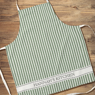French Ticking Stripe Personalized Name Sage Green Apron
